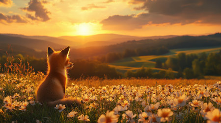 A serene fox watches a vibrant sunset over a meadow filled with flowers, creating a peaceful and picturesque natural scene.の素材