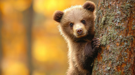 A young bear clings to a tree, set against a backdrop of autumn foliage, showcasing its curious expression and playful nature.の素材