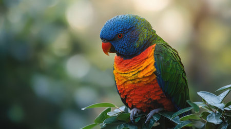 A vibrant lorikeet perched on lush green leaves, showcasing bright blue, green, orange, and yellow feathers in a natural setting.の素材