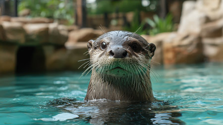 A playful otter surfaces in a serene pool, showcasing its whiskers and curious expression amidst a naturalistic setting.の素材