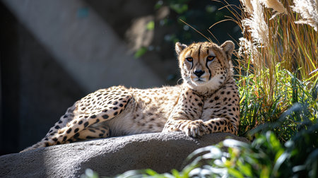A cheetah lounges in a sunlit area, surrounded by greenery, showcasing its distinctive spotted coat and alert expression.の素材