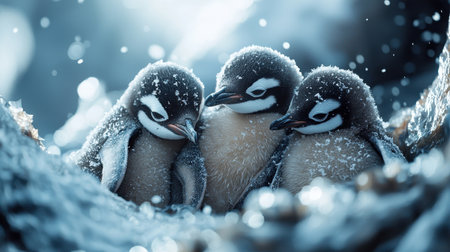 Three adorable penguin chicks huddle together in a snowy landscape, showcasing their fluffy feathers and endearing expressions.の素材