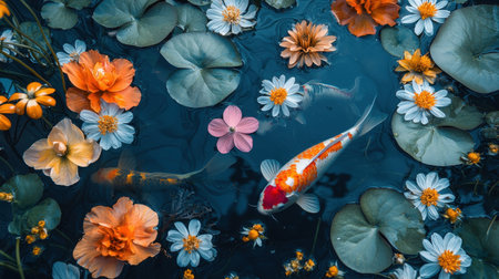 A serene underwater scene featuring colorful koi fish swimming among vibrant flowers and lily pads in tranquil water.の素材