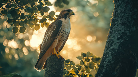 A majestic hawk perched on a tree branch, basking in warm sunlight filtering through green leaves, creating a serene natural atmosphere.の素材