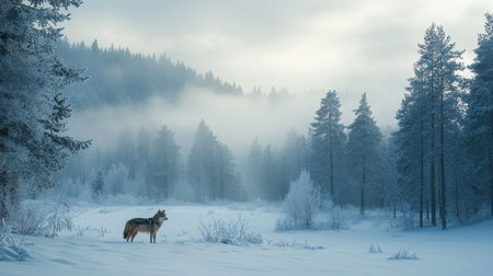 A lone wolf stands in a snowy landscape, surrounded by misty forests, creating a serene and tranquil winter scene.の素材