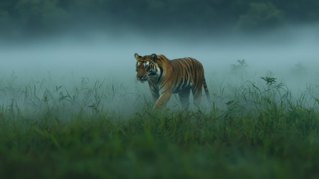 A tiger walks through a misty field, showcasing its striking orange and black stripes against a lush green background.の素材