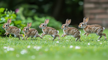 A playful line of five rabbits hops across a lush green lawn, showcasing their agility and charm in a vibrant outdoor setting.の素材