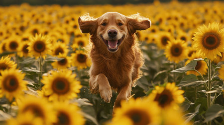 A joyful golden retriever runs through a vibrant field of sunflowers, radiating happiness and freedom in a sunny outdoor setting.の素材