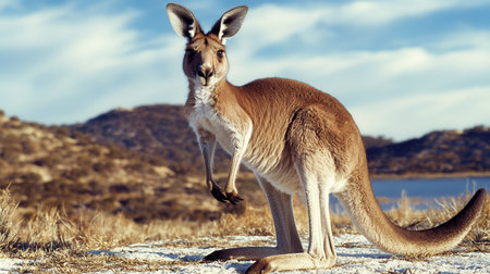 A kangaroo stands gracefully in a natural landscape, showcasing its strong legs and curious expression against a backdrop of mountains and sky.の素材