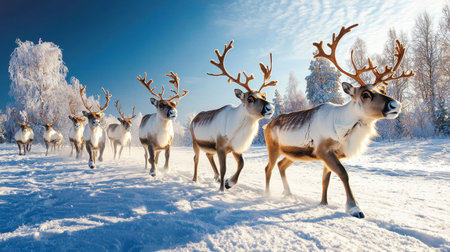 A serene scene featuring a herd of reindeer walking through a snowy landscape under a clear blue sky.の素材