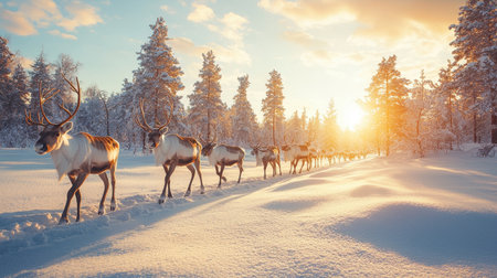 A serene winter landscape features a line of reindeer walking through freshly fallen snow, illuminated by a warm sunset.の素材