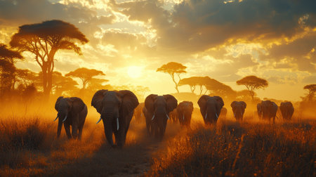 A herd of elephants walks through golden grasslands at sunset, enveloped in mist, with acacia trees silhouetted against a dramatic sky.の素材