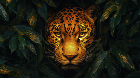 A close-up of a leopard's face peering through dense green foliage, showcasing its striking patterns and intense gaze.の素材