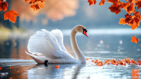 A graceful swan glides across a serene lake, surrounded by vibrant autumn leaves, creating a picturesque and tranquil scene.の素材