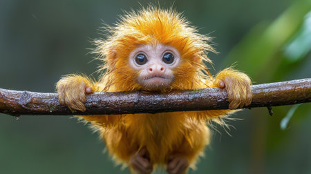 A small, fluffy orange monkey clings to a branch, showcasing its large eyes and playful expression amidst a lush green background.の素材