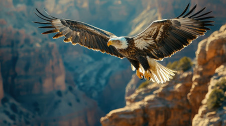 A majestic eagle soars gracefully over rugged canyon landscapes, showcasing its powerful wings against a backdrop of natural beauty.の素材