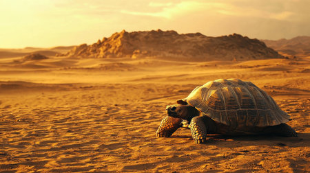 A solitary tortoise wanders across a vast, golden desert landscape under a warm sunset sky, showcasing nature's resilience and beauty.の素材