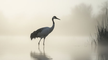 A serene silhouette of a crane standing in foggy waters, surrounded by reeds, creating a tranquil and mysterious atmosphere.の素材