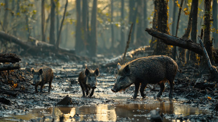 A group of wild boars wades through a muddy forest stream, surrounded by tall trees and soft, dappled light filtering through the canopy.の素材