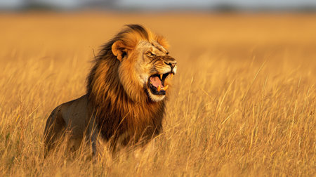 A majestic lion roars proudly in golden grasslands, showcasing its strength and regal presence in the wild.の素材