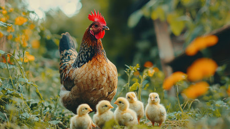 A mother hen stands protectively over her fluffy chicks, surrounded by vibrant flowers in a serene garden setting.の素材