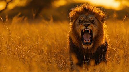 A majestic lion roars in a golden grassland during sunset, showcasing its powerful presence and fierce demeanor against a serene backdrop.の素材