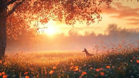 A serene landscape at sunset, featuring a lone animal amidst vibrant flowers and a backdrop of trees, encapsulating tranquility and natural beauty.の素材