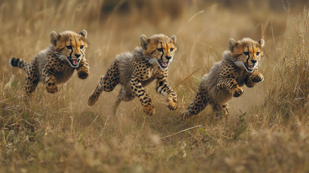 Three playful cheetah cubs sprinting through tall grass, showcasing their speed and agility in a natural, wild setting.の素材