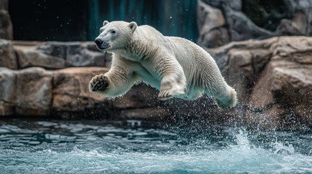 A polar bear leaps gracefully into the water, creating a splash, showcasing its agility and strength in a natural habitat.の素材