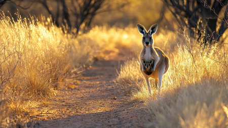 A kangaroo stands on a sunlit path, surrounded by golden grasses and trees, capturing the essence of the Australian landscape.の素材