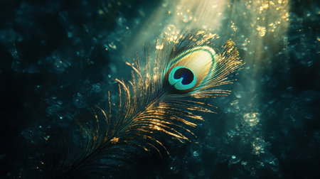 A vibrant peacock feather glimmers in shafts of light, showcasing intricate patterns and colors against a dark, shimmering background.の素材