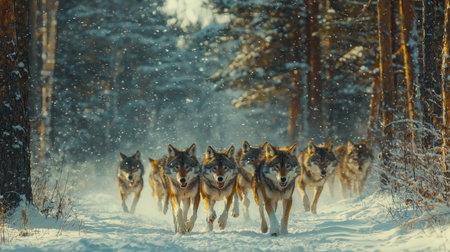 A pack of wolves runs through a snowy forest, showcasing their strength and unity against a backdrop of tall trees and soft, falling snow.の素材