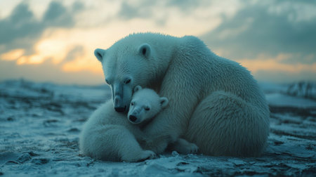 A heartwarming scene of a polar bear mother embracing her cub against a serene, icy landscape at dusk.の素材