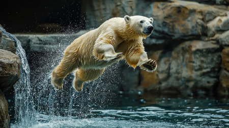 A polar bear leaps gracefully into the water, creating a splash, showcasing its agility and strength in a natural habitat.の素材
