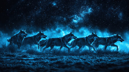 A mesmerizing scene of glowing wolves running under a starry sky, evoking a sense of mystery and wilderness.の素材