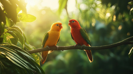 Two vibrant parrots perch on a branch amidst lush greenery, illuminated by soft sunlight, creating a serene and colorful scene.の素材