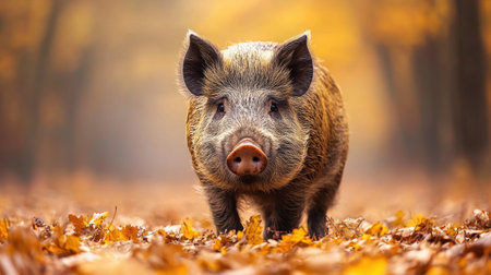 A pig stands amidst colorful autumn leaves, capturing the essence of fall in a serene woodland setting.の素材