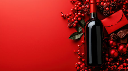 A bottle of red wine surrounded by festive decorations, chocolates, and red foliage, set against a vibrant red background.の素材