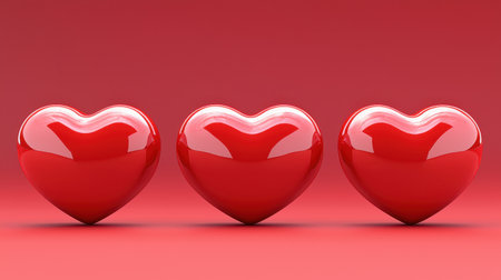Three shiny red hearts are displayed against a vibrant red background, symbolizing love and affection in a simple yet striking design.の素材