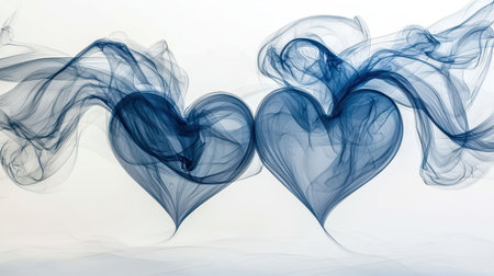 Two blue hearts formed from swirling smoke create a romantic and artistic visual, symbolizing love and connection.の素材