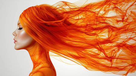 A side profile of a woman with vibrant orange hair flowing, complemented by an orange body paint, creating a striking visual of movement and color.の素材