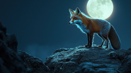 A solitary fox stands on a rocky outcrop under a bright full moon, creating a tranquil night scene.の素材