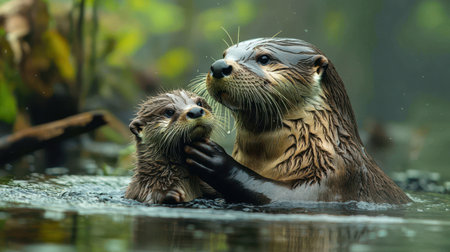 A pair of otters playfully interact in a serene water environment, showcasing their affectionate behavior amidst lush greenery.の素材