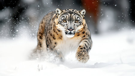 A snow leopard runs gracefully through a snowy landscape, showcasing its powerful physique and stunning spotted coat in a winter setting.の素材