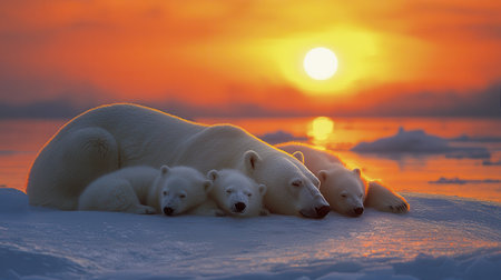 A serene scene of a polar bear family resting on ice at sunset, with a vibrant orange sky reflecting over the water.の素材