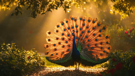 A vibrant peacock displays its colorful plumage in a sunlit forest, surrounded by soft light and greenery, creating a serene and beautiful scene.の素材