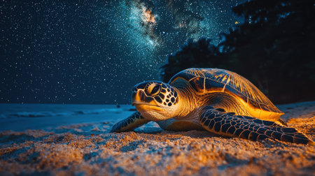 A serene green turtle rests on a sandy beach under a star-filled sky, showcasing the beauty of nature at night.の素材