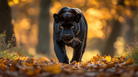 A majestic black panther walks through a serene forest, surrounded by golden autumn leaves, exuding power and grace.の素材