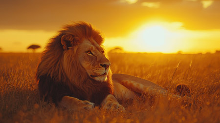 A majestic lion resting in golden grass during a stunning sunset, exuding strength and tranquility in a serene savannah landscape.の素材