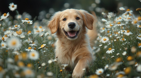 A cheerful golden retriever runs through a field of daisies, embodying joy and playfulness in a vibrant, natural setting.の素材